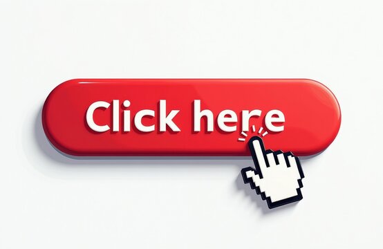 Red button with click text on white background. Cursor finger hand icon presses digital button for user interaction. Website interface design element helps navigation. Bright web graphic helps online