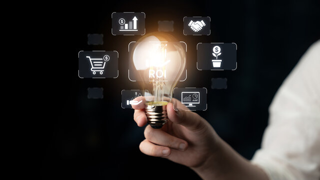 Concept of Return on Investment (ROI) for business. Analyzing financial performance and investment strategy to measure profit, growth, and the success of a marketing campaign. Fermion