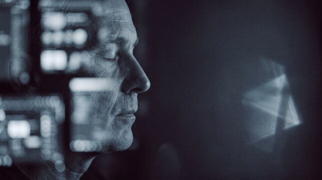 Futuristic digital profile of man with data overlays. Cyberpunk male face in dark blue tech environment. Virtual reality and AI concept.