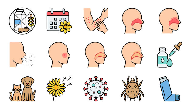 Medical Allergy and Seasonal Asthma Symptom Icon Set Featuring Food Intolerance, Skin Rash, Sneezing, Nasal Congestion, Inhaler, Eye Drops, and Pet Dander Allergens