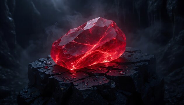 Glowing red ruby gemstone on dark volcanic rock. Cinematic crimson crystal in misty cave. Mystical jewel for fantasy gaming and jewelry design.