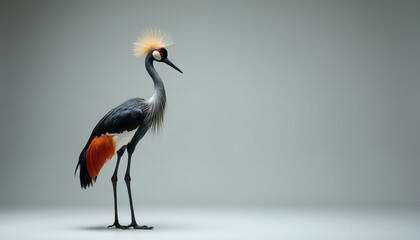 Fototapeta premium Grey crowned crane stands in profile against grey studio background. Elegant African bird features golden crest feathers long neck black wings, bright orange tail. Beautiful avian species walks with