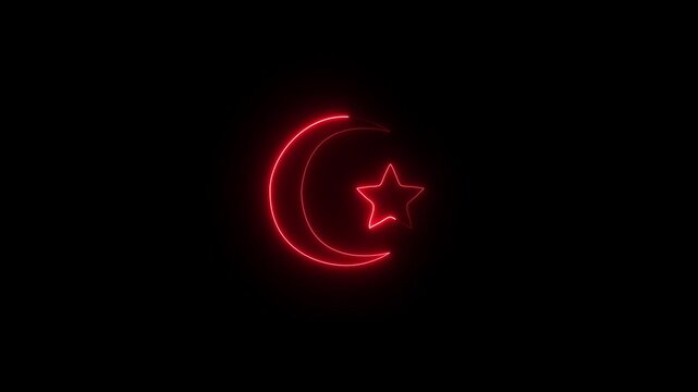 Neon Crescent Moon and Star neon icon animation depicting the Islamic symbol of a crescent moon and star on a black background, 4k video.motion..