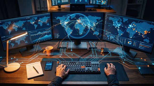 High-tech command center with triple monitor setup displaying global network map and data flow visualizations, hands operating keyboard and mouse on wooden desk with glowing