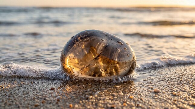 Large Polished Smoky Quartz Gemstone Crystal on Wet Sandy Beach at Golden Hour Sunset
