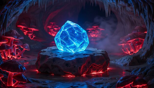 Glowing blue crystal in dark fantasy cave, magical sapphire gem on stone altar, bioluminescent red mushrooms in underground cavern