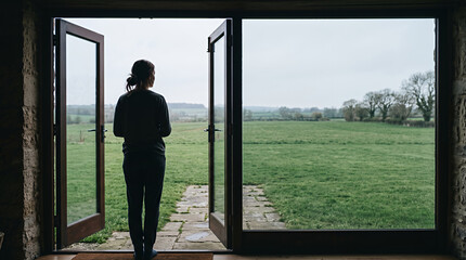 Fototapeta premium Woman standing alone at open doorway viewing peaceful rural landscape