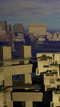 Amidst a stunning urban landscape, sleek buildings tower against the colorful dusk sky. Unique designs blend nature and structure while the city buzzes with life and energy.