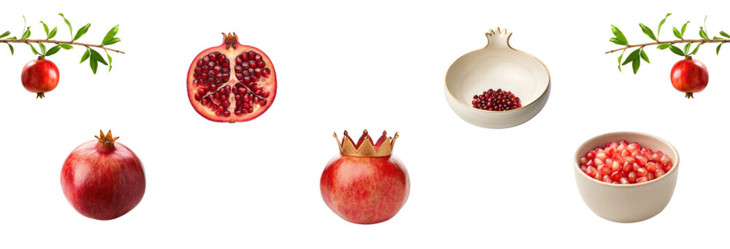 Pomegranate fruit, branches, seeds bowls and crown elements for food packaging, branding, menus, recipes and holiday design