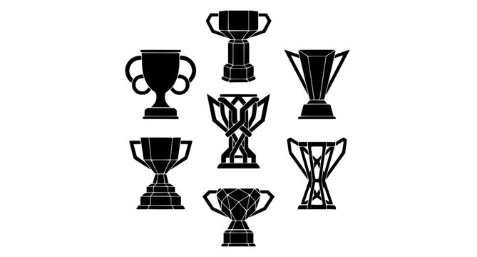 Geometric CAD Trophy Cup Silhouettes, Technical Championship Award Vector Collection