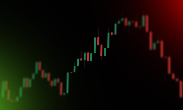 Close-up of a financial candlestick chart with red and green candles against a dark background, illustrating stock market fluctuations and investment analysis.
