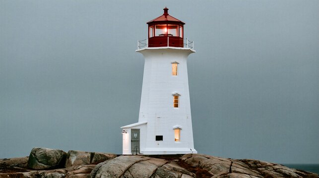 White lighthouse with red lantern on granite rocks under overcast sky
