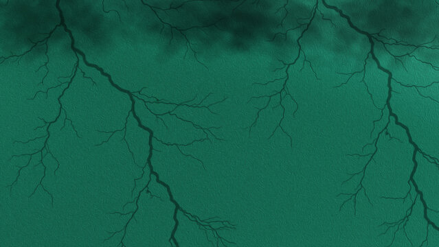 Dramatic teal thunderstorm background with striking dark lightning bolt strikes