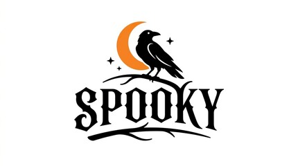 Naklejka premium Black raven perched on stylized orange halloween-themed lettering spelling 