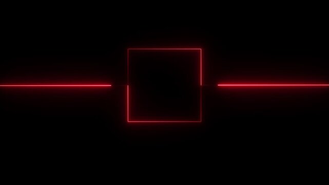 Abstract black background, neon box with glowing neon lines on black background. Glowing Neon light frame rectangle loading icon background. 4k loop motion video.
