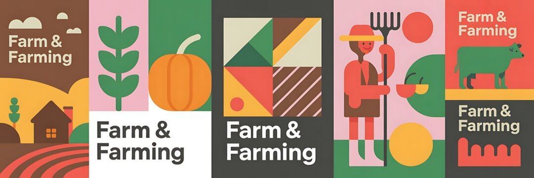 Farming banners show agriculture, crops, livestock, and rural elements.