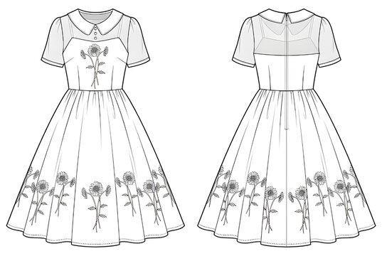 Fashion flat sketch of a women's midi dress featuring short sheer sleeves, peter pan collar, floral embroidery on the bodice and skirt hem, and a flared skirt, showing front and back views