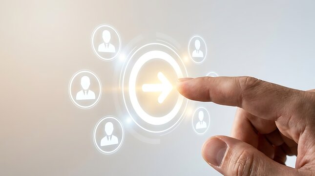 Human hand pressing illuminated digital arrow button surrounded by profile icons network connection finger circle icon.