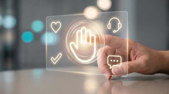 Human hand touching holographic digital interface with glowing virtual icons and futuristic touch screen graphics.