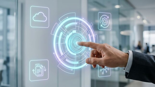 Man hand touching futuristic digital interface screen with glowing concentric data circles in office finger touch cyber.