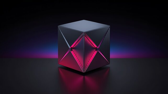 Geometric cube glows with pink neon lights on a black reflective surface.