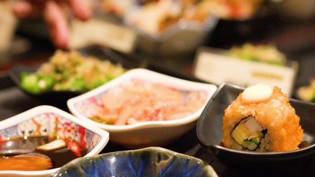 Hand Picking Okra Salad at Japanese Food Buffet