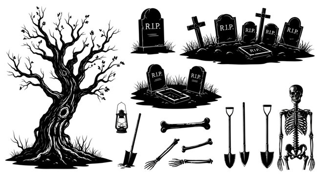 Spooky Halloween graveyard vector set, creepy cemetery silhouettes with tombstones and skeleton, ghoulish dead tree and grave digger tools