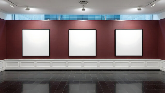 Three large blank white canvases on dark red wall inside spacious exhibition