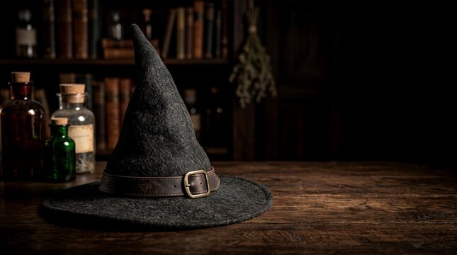 Pointed black felt witch hat with leather buckle sits on rustic wooden table in dark mystical apothecary library cinematic lighting