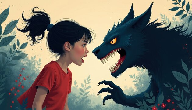 Little girl confronts scary dark beast in magical forest landscape. Child faces tall shadowy wolf monster with sharp teeth, yellow eyes. Brave youth battles inner fear struggle during intense
