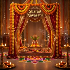 Fototapeta premium Traditional Indian Festival Setting for Sharad Navaratri with Sacred Kalash, Rangoli and Warm Golden Lights