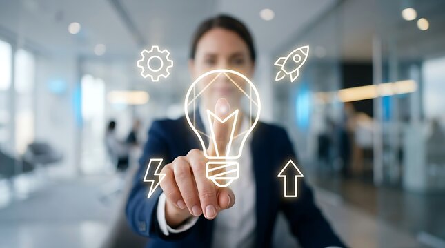 Professional woman touching glowing lightbulb digital interface in bright office interior hand finger touch technology.