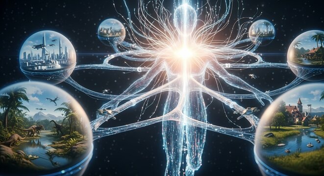 Cosmic Being Connecting Multiple Parallel Universes in a Digital Space Simulation