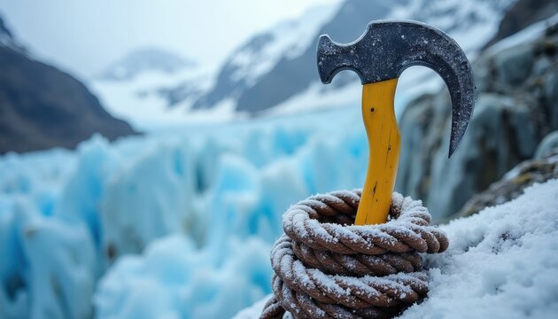 Ice axe and thick rope rest on snowy ground. Blue ice glacier and white mountain peaks form background. Cold winter landscape outdoor adventure gear.