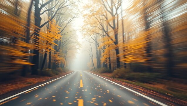 motion blur of asphalt road through autumn forest