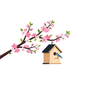Cherry Blossom Branch with Wooden Birdhouse and Blue Bird Vector Illustration