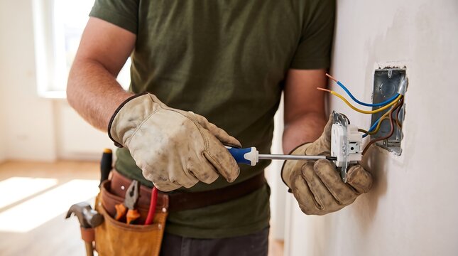 Professional electrician wearing leather tool belt using screwdriver to install electrical wall socket wiring in new residential construction project with exposed copper cables