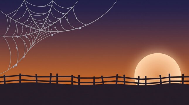 Spider web with morning dew at sunrise over fence