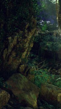 In a verdant forest, sunlight filters through leaves, illuminating weathered stone ruins. Vines and roots intertwine, showcasing natures beauty and resilience in this serene, hidden oasis.