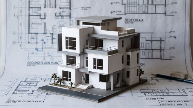 White modern architectural scale model of a multi-story residence