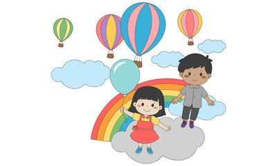 Naklejka premium Children enjoying colorful rainbow adventure among hot air balloons whimsical fantasy travel illustration for childhood dream design