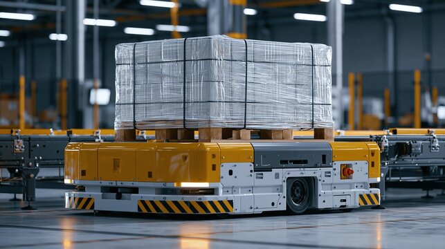 Automated guided vehicle carrying wrapped stacked cargo pallet moving along conveyor line in modern smart factory warehouse shows modern industrial logistics automation