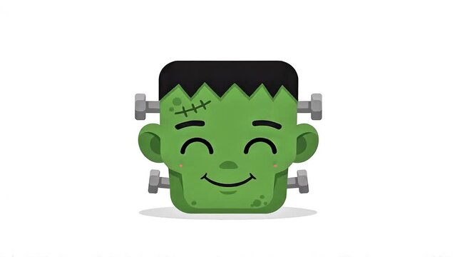 Cute cartoon green Frankenstein head nodding and laughing on white background