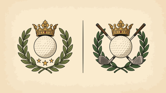 A pair of regal golf balls adorned with crowns and laurel wreaths showcases a vintage style golfing ball