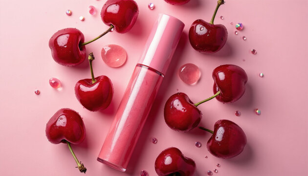 Pink lip gloss tube lies on flat surface surrounded by ripe red cherries. Cosmetics product display features fresh fruit, beauty accessory on soft pastel backdrop. Vibrant makeup item for feminine
