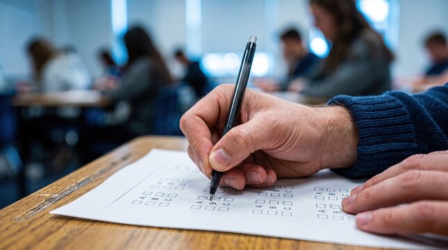 Student filling out a multiple choice test in a classroom setting