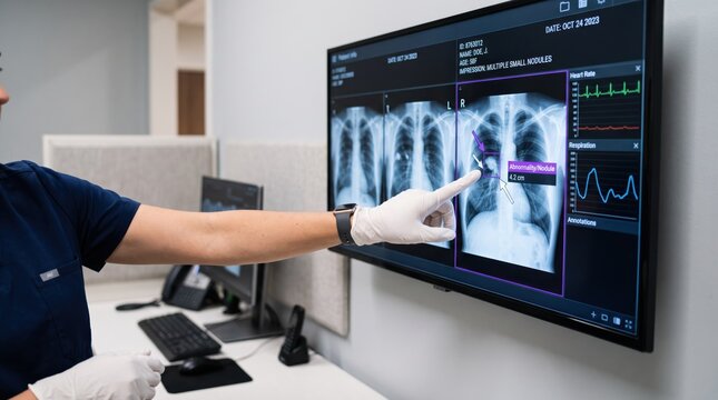Doctor analyzing chest x-ray on digital screen with AI diagnostic tool detecting lung abnormality and nodule in modern hospital radiology department.