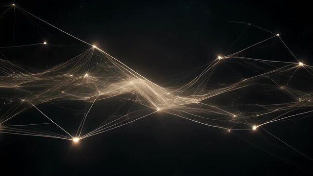 Abstract digital network of interconnected glowing nodes and lines on black background