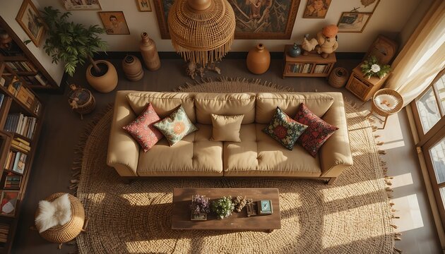 Top down view of comfortable living room with bohemian style