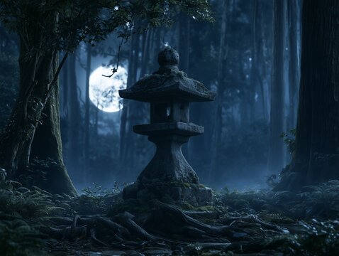 Ancient Japanese Stone Lantern in a Mystical Moonlit Forest